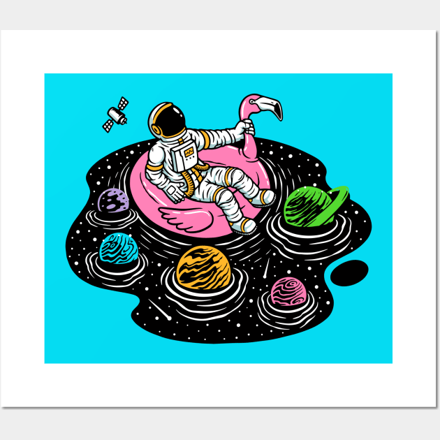 Astronaut Lounging in a Space Pool on a Pink Flamingo Floatie Wall Art by SLAG_Creative